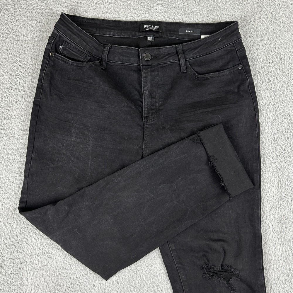 Judy Blue Jeans Womens 13/31 Black Skinny Mid Rise Distressed Raw Hem Stretch